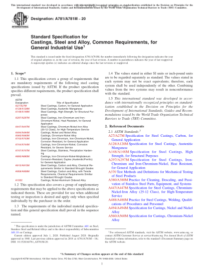 ASTM A781/A781M-2020  Standard Specification for Castings, Steel and Alloy, Common Requirements, for General Industrial Use