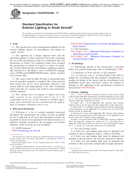 ASTM F3234/F3234M-2017 小型飞行器外部照明规格 Standard Specification for Exterior Lighting in Small Aircraft