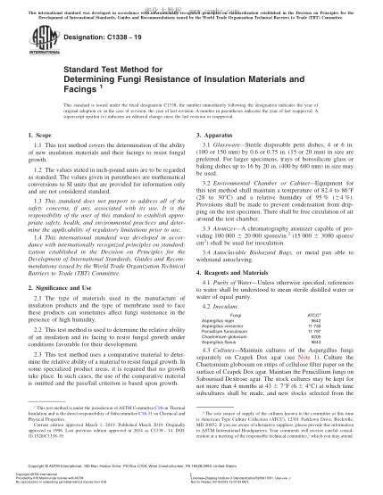 ASTM C1338-2019 测定绝缘材料和饰面抗真菌性的试验方法 Standard Test Method for Determining Fungi Resistance of Insulation Materials and Facings