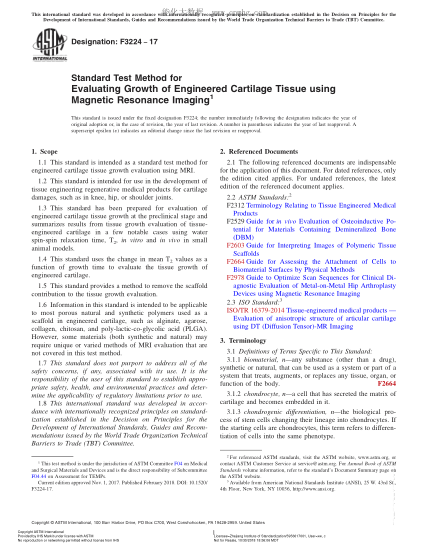 ASTM F3224-2017 用磁共振成象评定组织工程软骨生长性的试验方法 Standard Test Method for Evaluating Growth of Engineered Cartilage Tissue using Magnetic Resonance Imaging