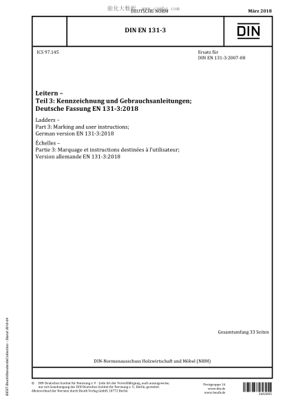 DIN EN 131-3-2018  Ladders - Part 3: Marking and user instructions; German version EN 131-3:2018