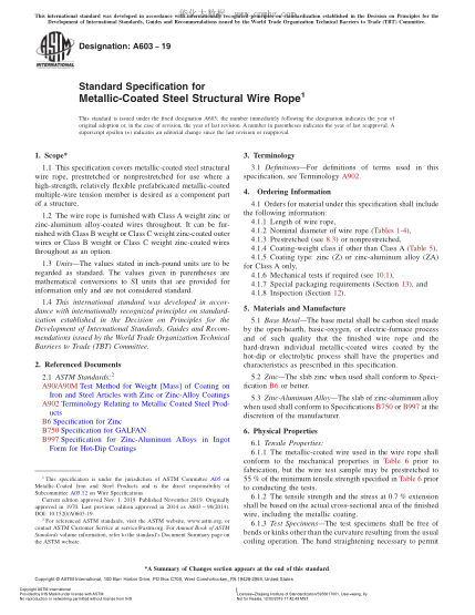 ASTM A603-2019 镀锌钢丝结构绳规格 Standard Specification for Metallic-Coated Steel Structural Wire Rope