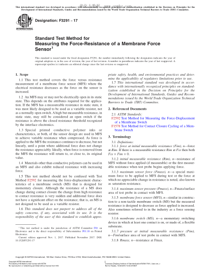 ASTM F3291-2017 薄膜测力传感器力与电阻测量方法 Standard Test Method for Measuring the Force-Resistance of a Membrane Force Sensor