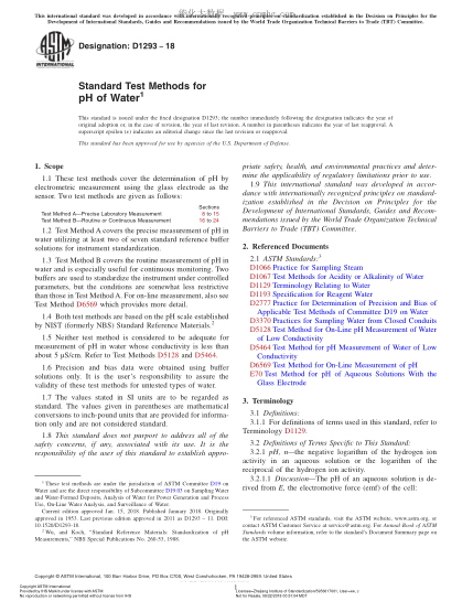 ASTM D1293-2018 水中PH值的试验方法 Standard Test Methods for pH of Water