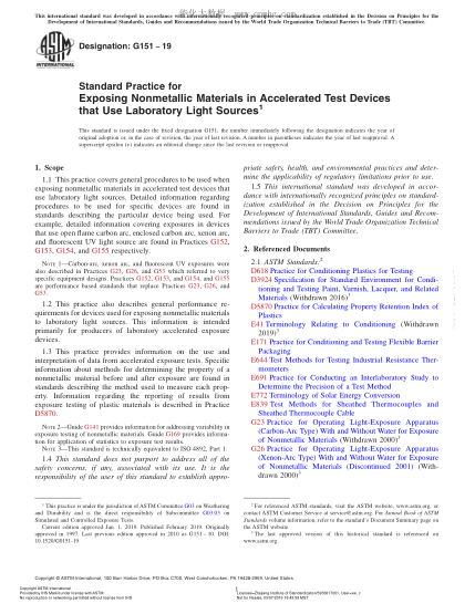ASTM G151-2019 使用实验室光源的加速试验装置中非金属材料暴露规程 Standard Practice for Exposing Nonmetallic Materials in Accelerated Test Devices that Use Laboratory Light Sources