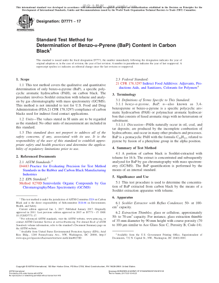 ASTM D7771-2017 测定炭黑中苯并α芘（Bap）含量的试验方法 Standard Test Method for Determination of Benzo-α-Pyrene (BaP) Content in Carbon Black