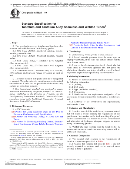 ASTM B521-2019 钽和钽合金无缝管及焊接管规格 Standard Specification for Tantalum and Tantalum Alloy Seamless and Welded Tubes