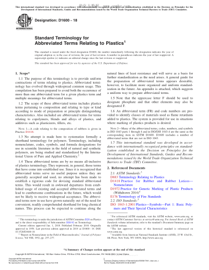 ASTM D1600-2018 有关塑料缩略语的术语 Standard Terminology for Abbreviated Terms Relating to Plastics