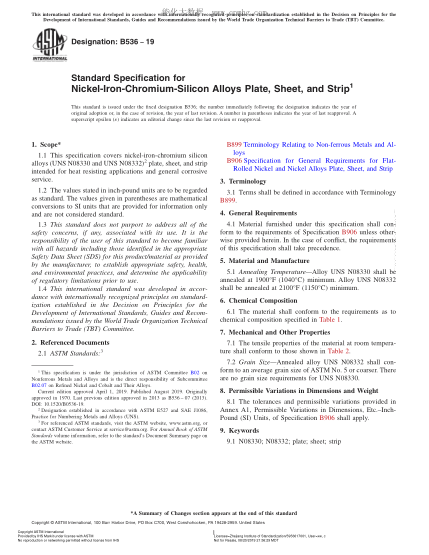 ASTM B536-2019 镍铁铬硅合金(UNS NO8330和UNS NO8332)中厚板、薄板和带材规格 Standard Specification for Nickel-Iron-Chromium-Silicon Alloys Plate, Sheet, and Strip