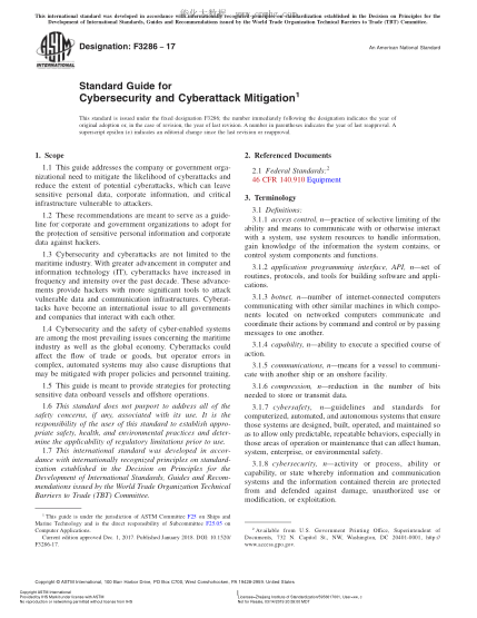ASTM F3286-2017 网络安全和网络攻击缓解指南 Standard Guide for Cybersecurity and Cyberattack Mitigation