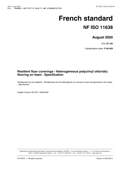 NF ISO 11638-2020  Resilient floor coverings - Heterogeneous poly(vinyl chloride) flooring on foam - Specification