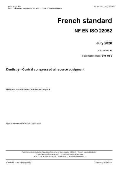 NF EN ISO 22052-2020  Dentistry - Central compressed air source equipment
