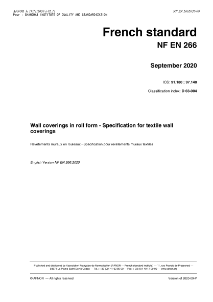 NF D63-004-2020  Wall coverings in roll form - Specification for textile wall coverings