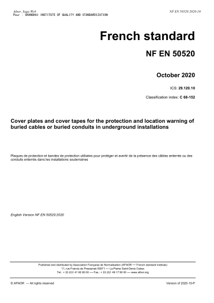 NF C68-152-2020  Cover plates and cover tapes for the protection and location warning of buried cables or buried conduits in underground installations
