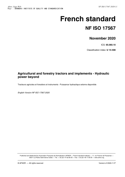 NF ISO 17567-2020  Agricultural and forestry tractors and implements - Hydraulic power beyond