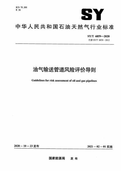 SY/T 6859-2020 油气输送管道风险评价导则 Guidelines for risk assessment of oil and gas pipelines