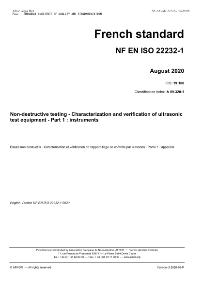 NF A09-320-1-2020  Non-destructive testing - Characterization and verification of ultrasonic test equipment - Part 1 : instruments