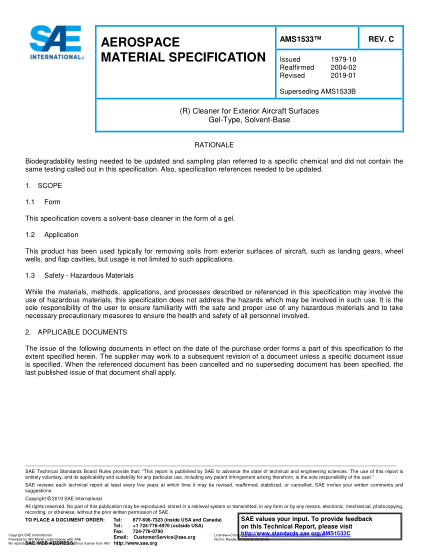 SAE AMS1533C-2019  (R) Cleaner For Exterior Aircraft Surfaces Gel-Type, Solvent-Base