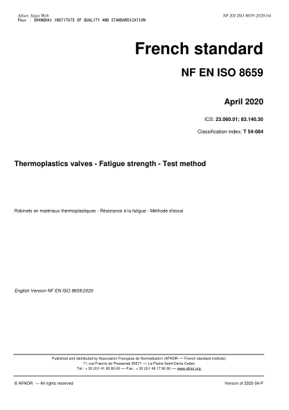 NF EN ISO 8659-2020  Thermoplastics valves - Fatigue strength - Test method
