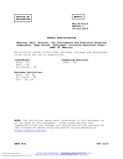 NAVY MIL-B-913/4 VALID NOTICE 1-2019  Bearing, Ball, Annular, For Instruments And Precision Rotating Components, Deep Groove, Unflanged, Corrosion Resistant Steel, Abec 7P (Metric)