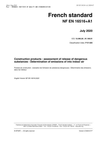 NF P01-025-2020  Construction products : assessment of release of dangerous substances - Determination of emissions of into indoor air