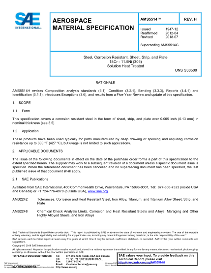SAE AMS5514H-2018  Steel, Corrosion Resistant, Sheet, Strip, And Plate 18Cr - 11.5Ni (305) Solution Heat Treated (Uns S30500)