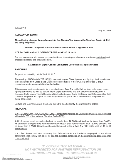 UL 719 BULLETIN/2-2018  UL Standard For Safety Nonmetallic-Sheathed Cables (Comments Due: August 13, 2018)